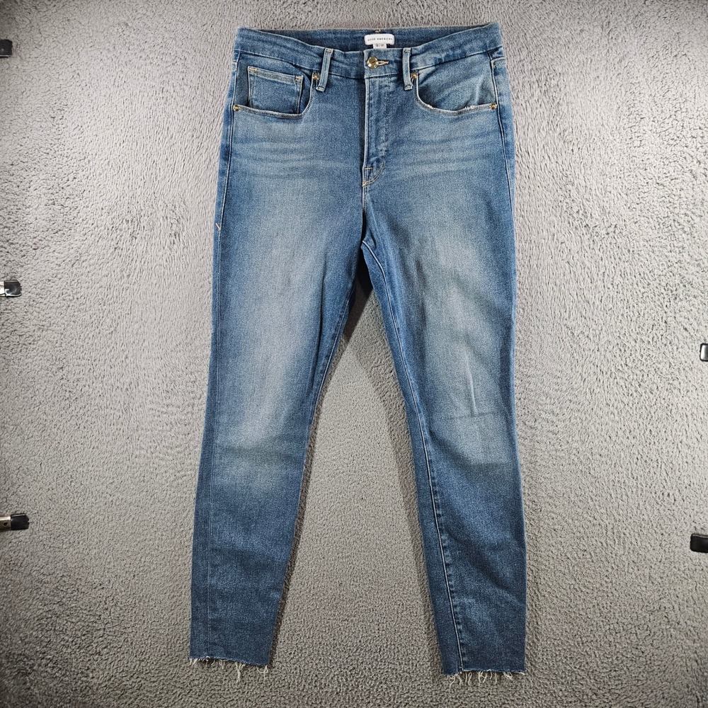 Good American High Rise Skinny Jeans Blue Raw Hem GL941T Size 12/31